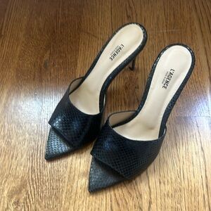 L’agence open toe mule. Black snakeskin. Size 38 1/2.